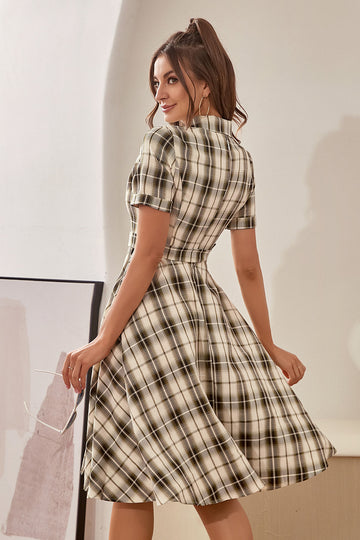 Vestido verde de mangas curtas xadrez vintage de 1950